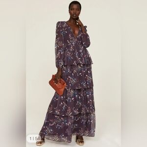 IEENA MAC DUGGAL Dress Tiered Ruffle Maxi Gown Plum Floral 55815 Sz 0